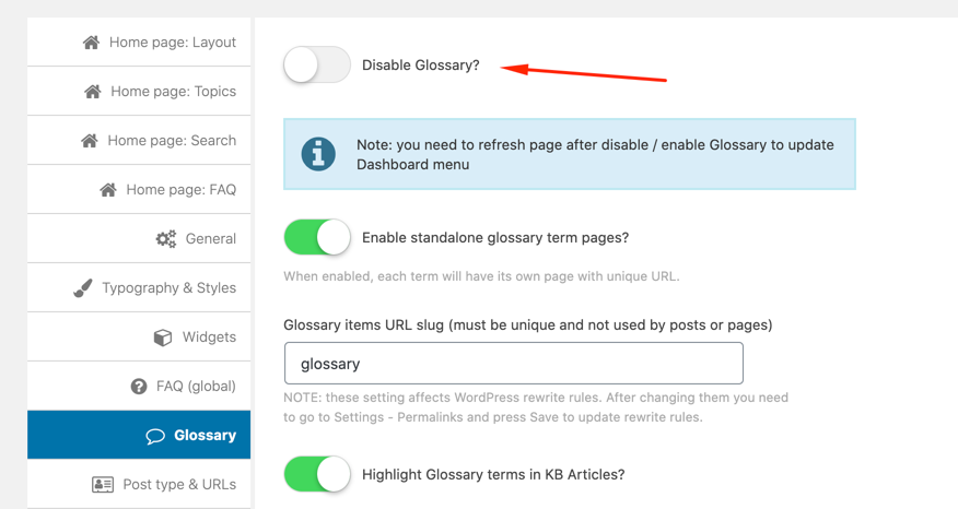 Option to disable the glossary
