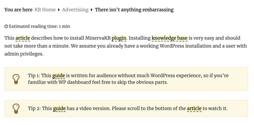 Terms highlighted in the knowledgebase articles